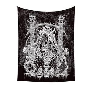Tapisserie murale gothique avec crâne à capuche et art dark metal en noir et blanc pour chambre