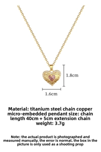 Pink heart pendant with gold wings necklace details showing size and 40cm plus 5cm chain