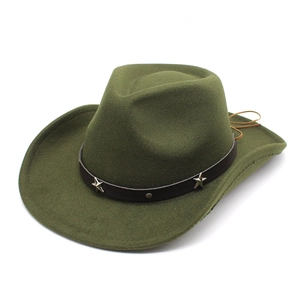 Olive green wool western cowboy hat with leather band and metal star studs on white background