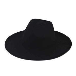 Flat top black wool fedora hat featuring a wide brim and detailed metal chain decoration