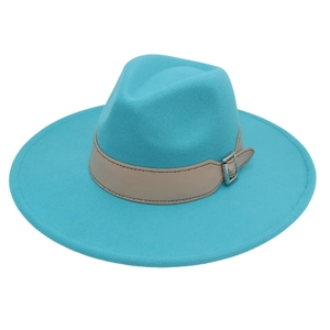 Classic turquoise wool felt jazz hat with wide brim and leather belt buckle trim