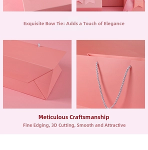 Detail of pink gift box and matching paper bag featuring a satin bow and premium matte texture