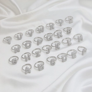 Silver balloon bubble letter rings A-Z set with sparkling zircon in adjustable open style