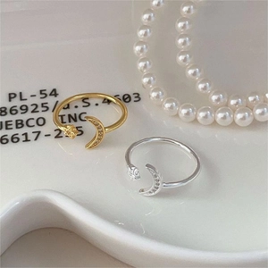 925 Sterling Silver Star Moon Ring Cubic Zirconia Micro Pave Adjustable Open Design Celestial Elegant Jewelry For Women