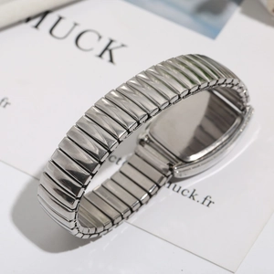 Detail of vintage silver expansion watch band with rectangular metal link structure