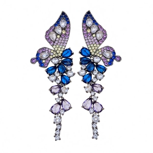 Vintage wing butterfly drop earrings with multi-colored zircon stones and teardrop pendants
