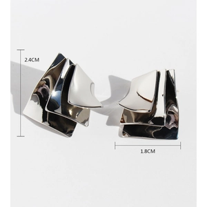 Irregular multilayer mirror metallic geometric square earrings in polished silver finish