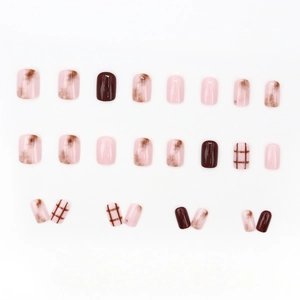 Pink and brown marble plaid pattern short square press-on nails set of 24 pieces