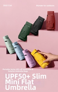 Macro detail of portable mini six-fold umbrellas with UPF 50+ sun protection storage bags