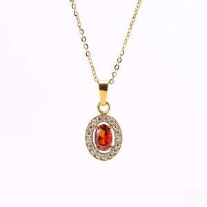 Gold stainless steel necklace with oval red garnet pendant and zircon micro-paving