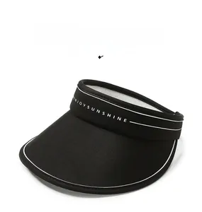 Detail of wide brim black sun visor with white curved line and Enjoy Sunshine text