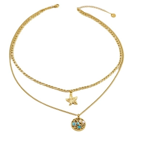 Zweilagige goldene Edelstahlkette mit Seestern-Anhänger und Türkis-Perlen-Verzierungen