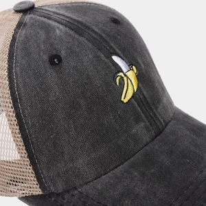 Vintage washed black mesh baseball cap with embroidered yellow banana on canvas