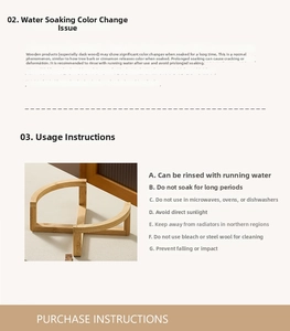 Close-up of wooden cross-stand for salad bowls with maintenance guide instructions