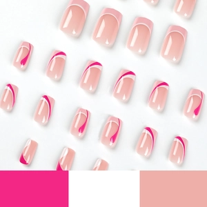 Pink and white French press on nails with elegant rose red swirl lines in short square shape
