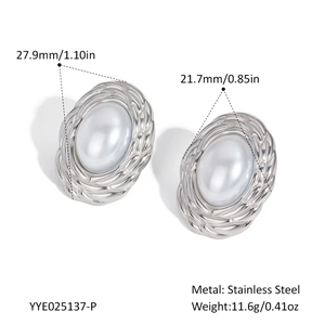 Detailed dimensions of silver stainless steel oval earrings with pearls and woven texture