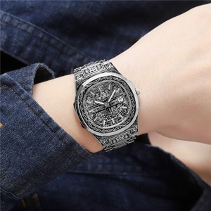 Men's silver steel watch with intricate floral engravings and black Arabic dial