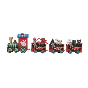 Wooden Christmas train ornament with gingerbread man and festive figures on white background