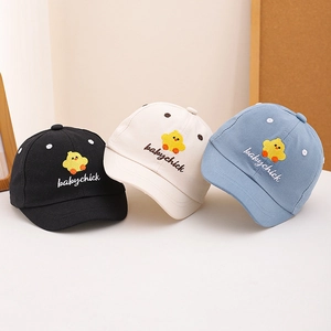 Toddler baseball caps with cute chick embroidery in black, beige, and blue colors