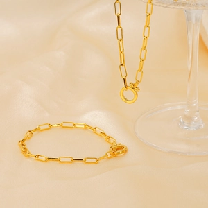 Elegant 18k gold plated stainless steel paperclip necklace and bracelet jewelry set