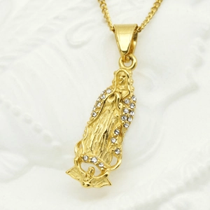 18K gold plated 316L stainless steel Virgin Mary pendant necklace with sparkling rhinestones