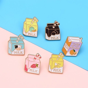 Creative 6-piece enamel milk carton pin set in colorful zinc alloy designs