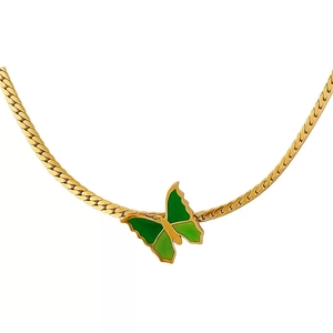 Golden flat snake chain necklace featuring a vintage green butterfly pendant for women