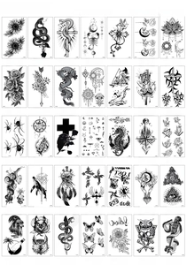 Detailed sheet of 35 black temporary tattoo designs including butterflies and flowers