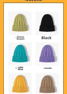 Close-up of ribbed-knit beanies in multiple colors including green, black and purple