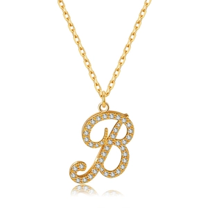 18K gold-plated necklace with a crystal-encrusted letter B pendant on a white background