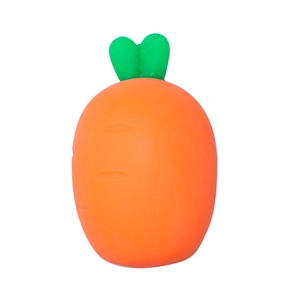 Realistic orange carrot squishy stress relief toy with green leaves on white background