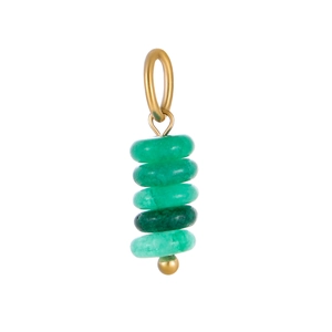 Detail of five-tier green natural stone beads on a golden pendant with a metal hook