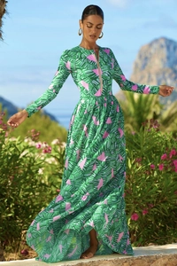 Detail of long sleeve surfboard dress with tropical green leaf print and front zipper