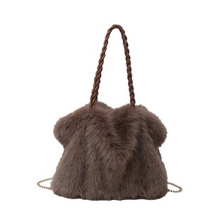 Deep brown faux fur tote bag with braided handles and golden chain strap