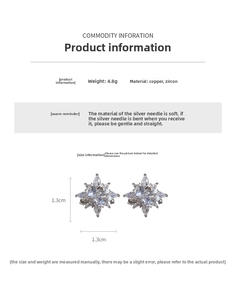 Detail view of star-shaped earrings with square zircon stone and size dimensions