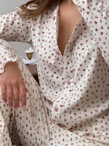 Women's floral pointelle knit loungewear set with pink flowers and buttoned long sleeves