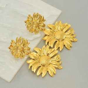 Elegant 18k gold plated sunflower drop earrings with textured finish for women