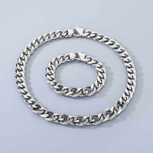Detail of 13mm silver Cuban link necklace and bracelet set with sparkling crystal rhinestones
