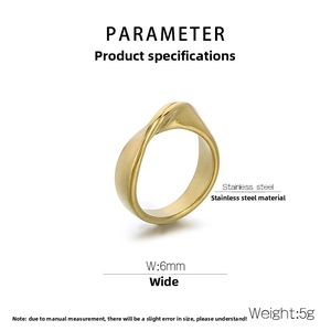 Detail view of 6mm wide Mobius gold stainless steel ring with weight and size parameters