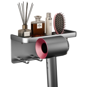 Wall-mounted gunmetal grey aluminum hairdryer rack and vanity organizer for bathroom