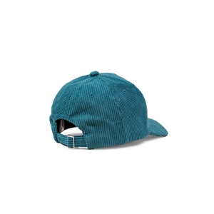 Detail view of teal corduroy baseball cap showing adjustable strap and metal buckle