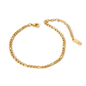 Detailed macro view of 18k gold plated stainless steel Figaro chain with lobster clasp