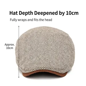 British style herringbone newsboy cap with 10cm depth and brown tweed brim detail