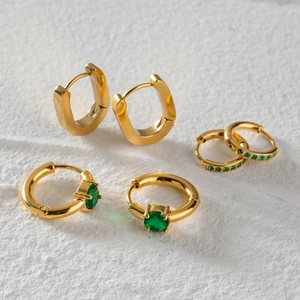 Stainless Steel Hoop Earrings Green Zircon 18K Gold Plated Geometric Huggie Jewelry For Women Hypoallergenic Waterproof