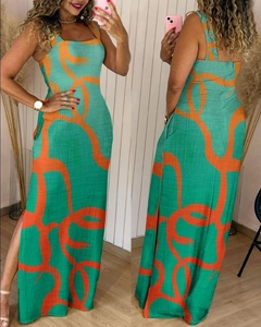 Detail view showing front and back of sleeveless green abstract print maxi dress with side slit