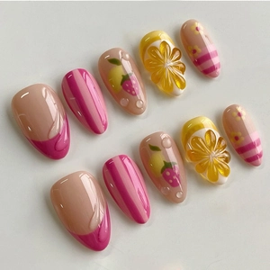 Press On Nails Almond Shape ABS With 3D Strawberry Lemon Fruit Patterns French Style Stripes Sweet Summer Fake Nails For Women
