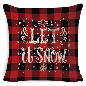 Housse de coussin de Noël en lin avec motif écossais rouge et noir et texte Let It Snow