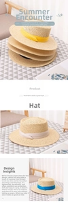 Detailed close-up of woven paper straw sun hat with decorative colored ribbons and foldable brim