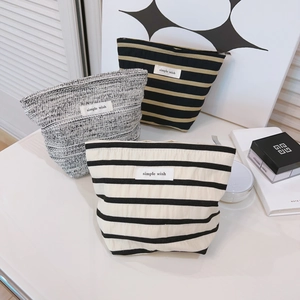 Minimalist Striped Canvas Cosmetic Bag Tweed Makeup Pouch Zipper Travel Organizer Toiletry Storage Daily Use Women