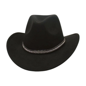 Close-up of black felt cowboy hat featuring a rhinestone embellished decorative band